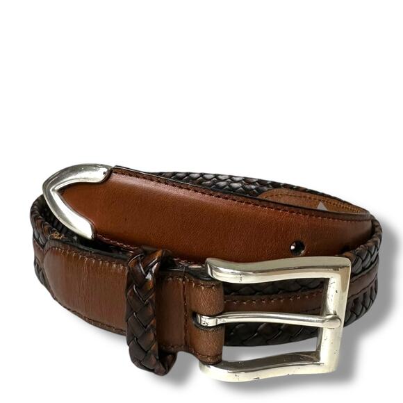 Leather Braided Belt Size 32 Silver Buckle And End Tip Brown Leather  Western - Picture 1 of 13